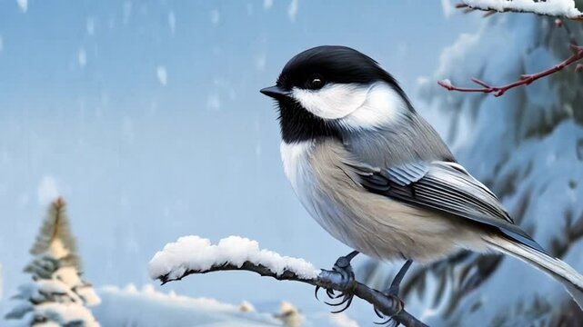 black-capped chickadee. black-capped chickadee in winter wonderland. serene snow-covered landscape with a perched chickadee. close-up of a black-capped chickadee in a tranquil winter scene.