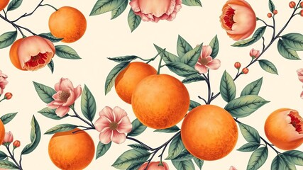 Orange fruit branches seamless pattern with flowers realistic botanical floral illustration on light beige background hand painted, flowers, light beige background, seamless pattern