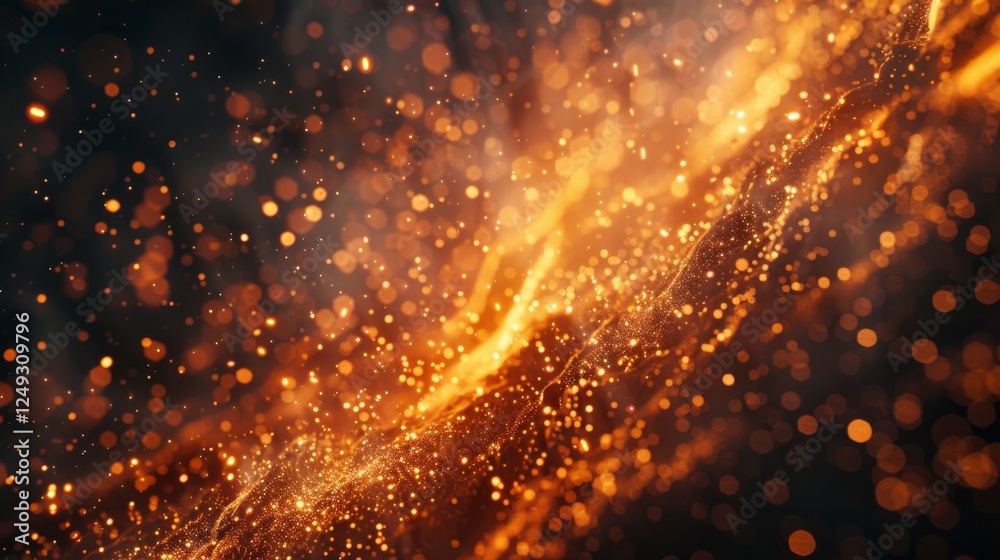 Poster Bright golden particles cascade through the air, creating a striking shimmering visual against a dark backdrop, evoking a festive and vibrant atmosphere.
