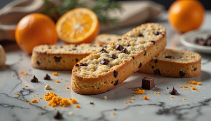 Biscotti with orange zest and chocolate chunks on marble countertop, indulgent treat