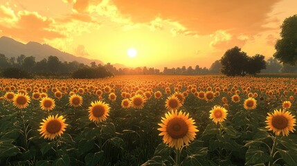 Obraz premium Golden Sunset over Sunflower Field