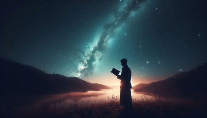 silhouette of a person carrying the Koran and reading it