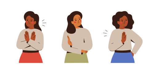 Women say no via stop hand gesture. Girl refusing with palms. Black and white Females defend their rights and freedoms by arm sign. Vector illustration 