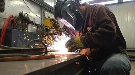 A welder working on metal, creating sparks in a workshop environment.
