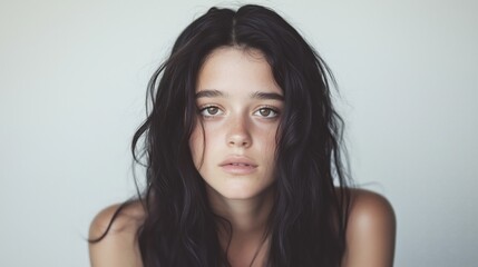 Naklejka premium A young woman with long dark hair and natural makeup, looking directly at the camera against a light background.