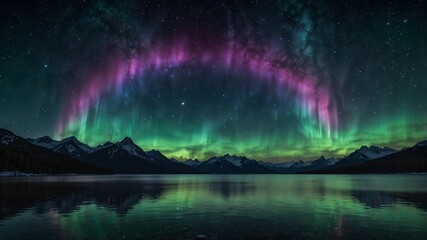 Naklejka premium Stunning northern lights over tranquil lake with mountains in background and starry sky