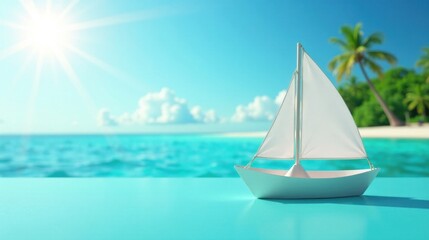 Obraz premium A miniature sailboat rests on a vibrant turquoise surface, idyllic tropical beach and ocean in the background, bright sun shining above, evoking a sense of serenity and escape.