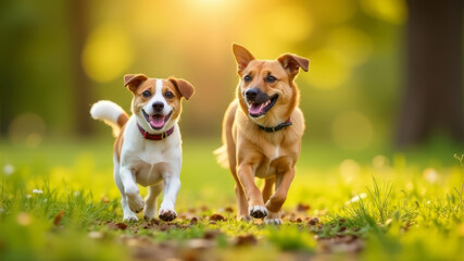 Two cute dogs white and red on a walk in the park, blurred background, copy space