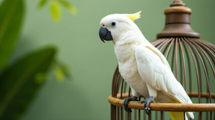 Fototapeta premium Cute white parrot sitting on a wooden cage on a soft green background, copy space