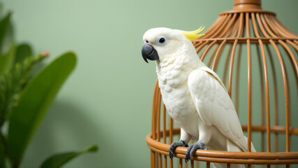 Fototapeta premium Cute white parrot sitting on a wooden cage on a soft green background, copy space