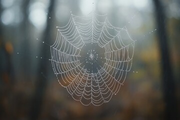 A delicate spiderweb with strands breaking apart, covered in morning dew, with a blurred forest background, copy space background