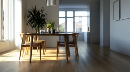 Fototapeta premium Modern dining room with wooden table and chairs, bright natural light, plants, and minimal decor