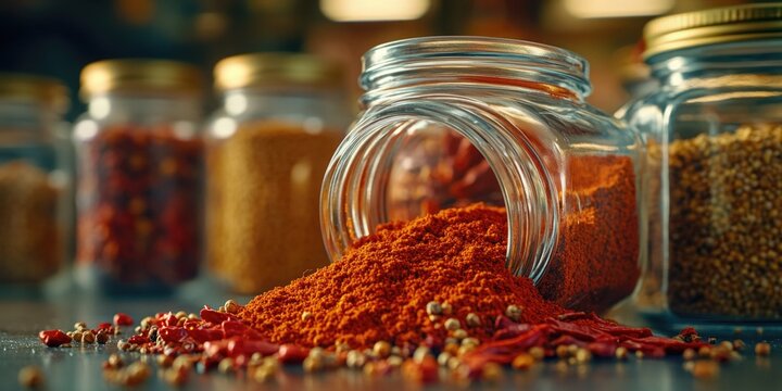 Various organic seasonings in glass jars on a table. Spices like coriander, cumin and turmeric are prominently featured.