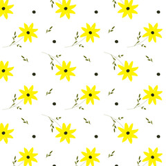 Bright Seamless Floral Pattern with Hand Drawn Yellow Flowers and Green Leaves.