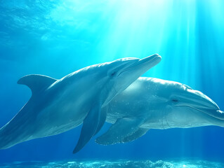 Fototapeta premium Day of Dolphins. Dolphins in a Vibrant Ocean Setting, Showcasing Joyful Activity and the Beauty of Marine Life