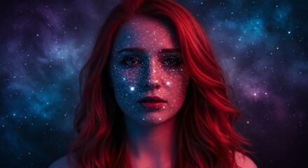 Woman's face covered obstructed and surrounded by Outer Space Stars, expressive science astronomy concept
