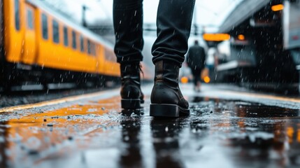 A person in black boots walks along a rain-drenched platform while trains pass in the background on a gray day
