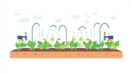 Colorful Garden with Watering System Illustration
