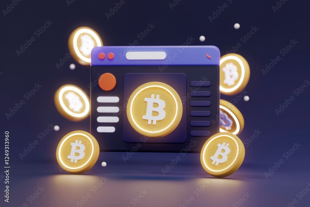 Poster bitcoin website with glowing coins, illustrating online cryptocurrency transactions and digital fina