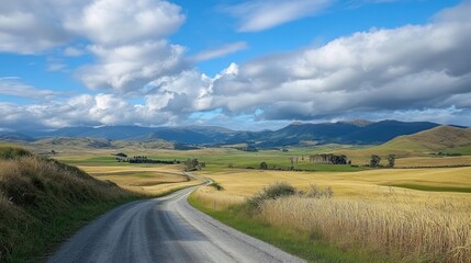 A winding road through a picturesque landscape of fields and mountains under a blue sky.