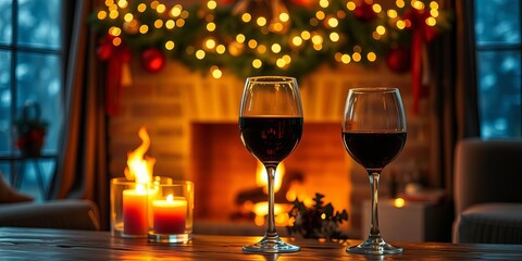 Cozy winter evening at home with glass of red wine by the fireplace, celebration, glass, Christmas
