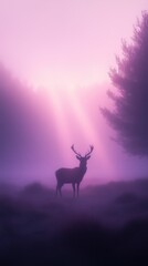 A graceful deer stands still in a foggy forest, surrounded by soft purple light as morning dawns in the background