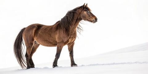 Brown Horse in Winter Landscape Profile, White Background, Solitude, Equine Photography Horse Photography, Winter Horse