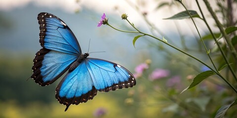 Blue Morpho Butterfly on Flower Macro Photography Composition, Vibrant Blue Wings, Nature Concept Butterfly, Morpho, Macro Photography