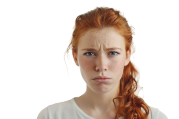 Thoughtful Young Woman Frowning Isolated on Transparent Background
