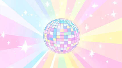 A glowing pastel disco ball reflecting rainbow-colored light beams with sparkling stars evoking a dreamy retro dance vibe
