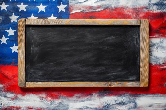Empty chalkboard on American flag backdrop