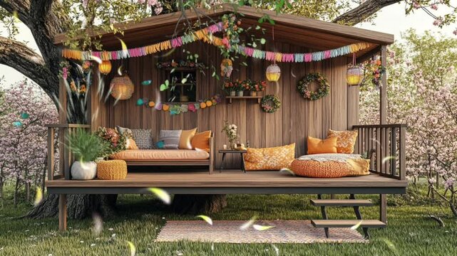 Whimsical Treehouse Retreat with Cozy Seating and Festive Decorations in Lush Garden Setting. Seamless looping 4k time-lapse