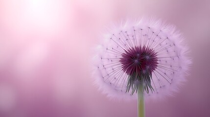 A single dandelion seed head against a soft pink background