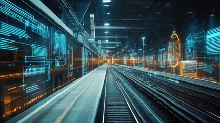 Fototapeta premium A train station with a large screen displaying a digital image of a train