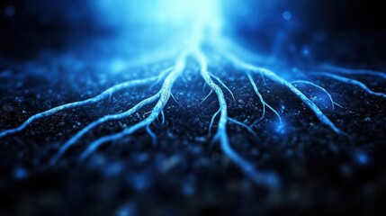 A close-up of glowing blue roots submerged in dark water.