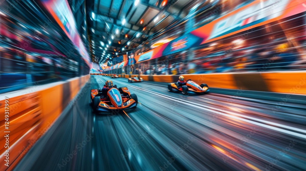 Aufkleber Go karts race at lightning speed on a colorful indoor track with spectators cheering. The atmosphere is electric with excitement as competitors navigate sharp turns.
