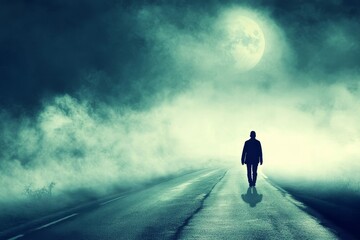 Obraz premium Mysterious Figure Walking Alone on Foggy Road Under Full Moon