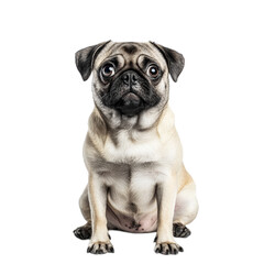 Adorable Pug Puppy Sitting Against White Background