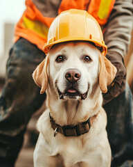 Dog wearing a construction helmet sits attentively while a worker stands behind on a building site