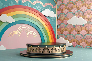 Fototapeta premium A colorful, whimsical scene featuring a rainbow backdrop, fluffy clouds, and a circular platform, perfect for creative displays or photography.