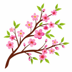 Fototapeta premium Blooming Branch with pink flowers and green leaves on white background