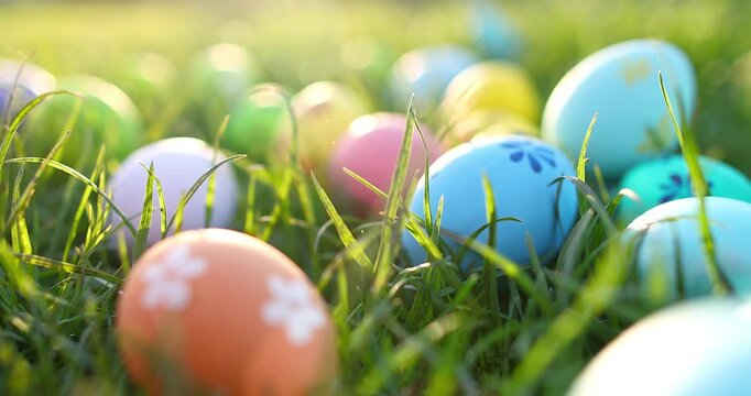 Easter eggs in the grass on a sunny background. Spring natural background