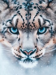 Fototapeta premium A snow leopard with vivid blue eyes stares directly at the camera amidst falling snow in a serene winter atmosphere