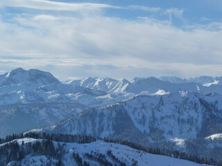 Mountain hiking at Brecherspitze mountain, Bavaria, Germany in wintertime