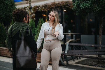 Two women having an engaging conversation outdoors near a city cafe with greenery.