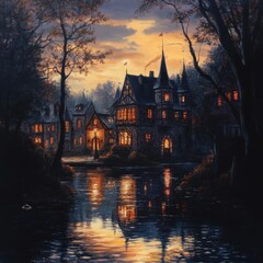 Obraz premium A painting of a town with a castle and a river