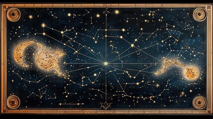 Celestial map constellations, planets, night sky, antique frame, astronomy education