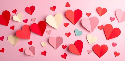 Valentine's Day paper hearts on pink


