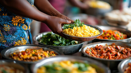 Woman hands serving food careful attentive market food stall meal serving plates bowls African cuisine yellow pasta vegetables herbs garnish metal