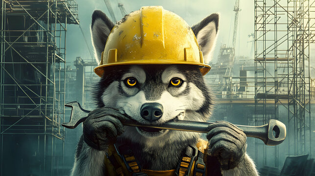 Yellow hard hat wearing wolf holding wrench at construction site during daytime